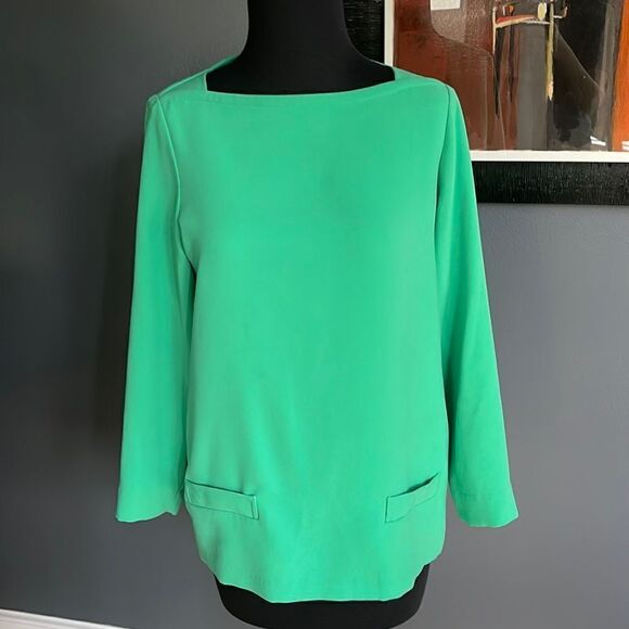 Ann Taylor LOFT Tops - Ann Taylor LOFT bright mint boatneck 3/4 sleeve crepe dropped welted pockets top